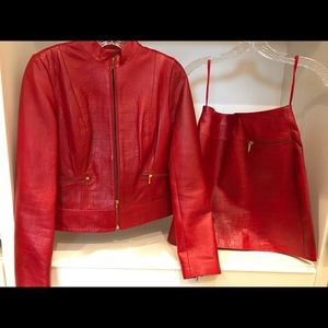 Cache Red Leather Jacket with matching skirt